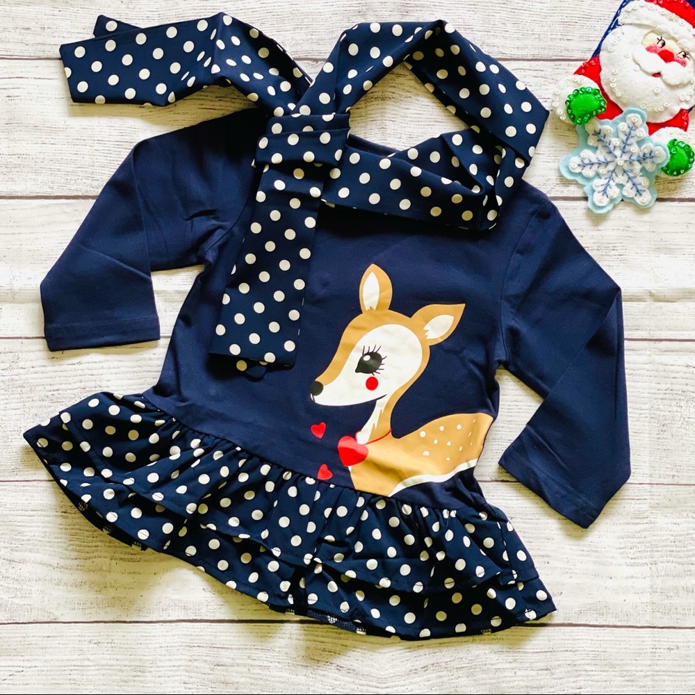 Toddler Girls Snow Deer Long Sleeve Tunic with Scarf, Size 18-24m